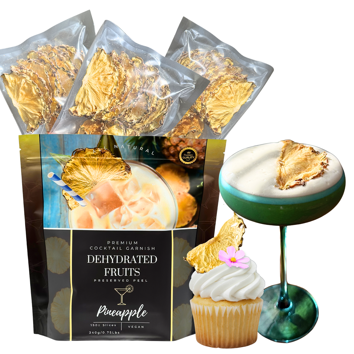Dehydrated pineapple Halfs in packaging featuring pineapple garnish. for cocktail garnishes for sale from preserved peel