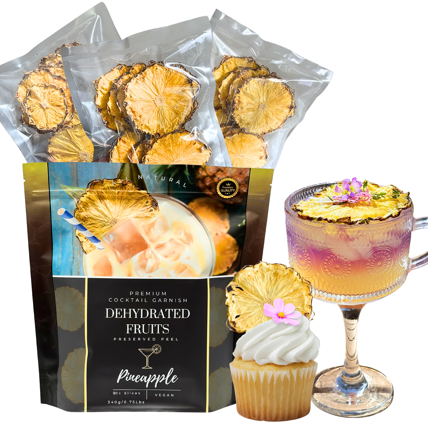 Dried Pineapple Slices | BULK SIZE | 90± WHOLE | Preserved Peel Premium DRIED FRUITS for Luxury Cocktail Garnishes for Bars and Home Hosts.