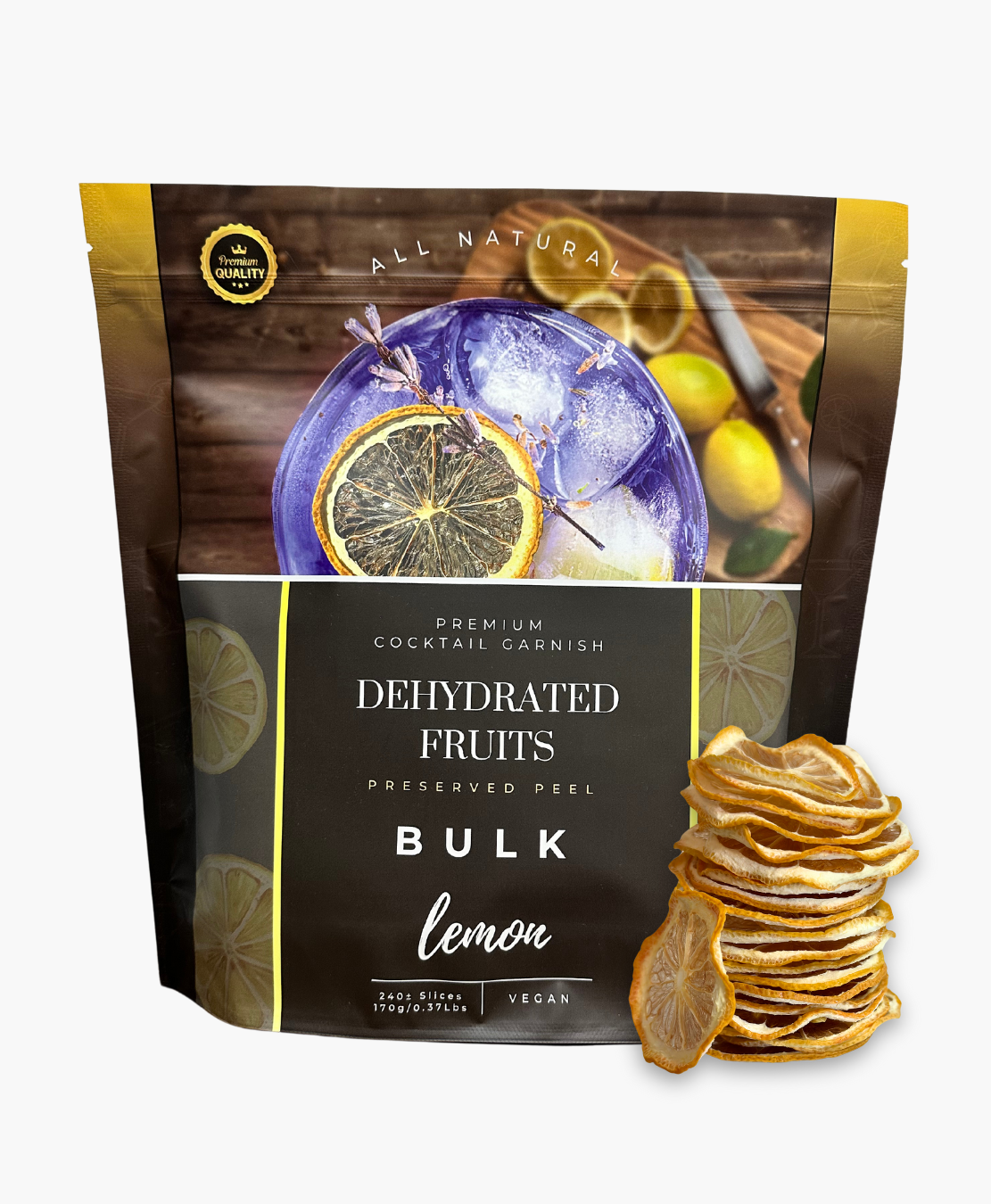 Dried Lemon Slices | BULK SIZE | 240± Slices | Preserved Peel Premium DRIED FRUITS for Luxury Cocktail Garnishes for Bars and Home Hosts.