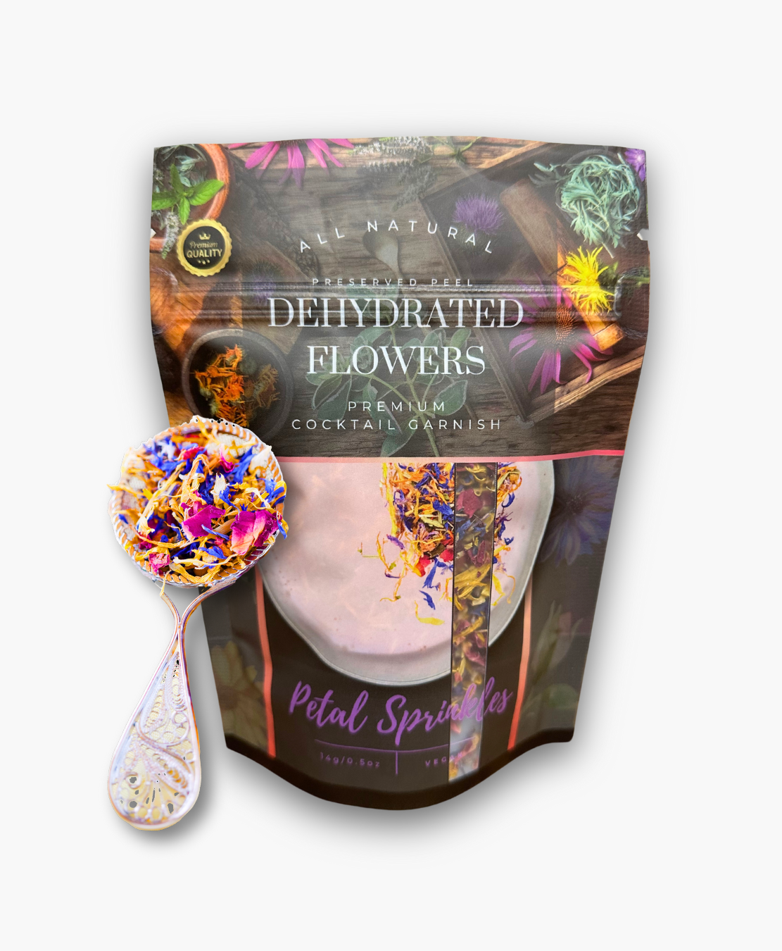 A package of Premium Petals sprinkle mix with various dried flowers visible in the foreground, marketed for cocktail garnish and more.