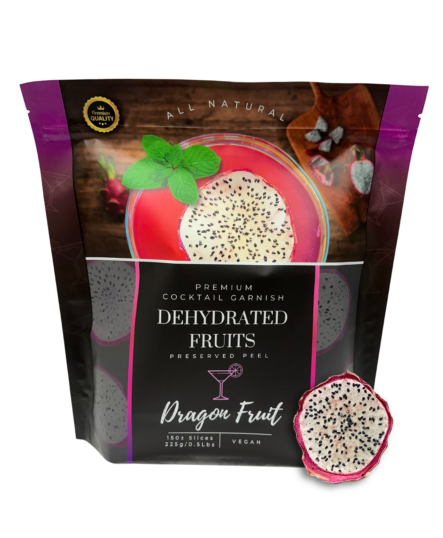 A package of dehydrated dragon fruit slices with a picture of a dragon fruit and some slices displayed in front. The packaging is labeled 'All Natural' and 'Premium Cocktail Garnish'. From Preserved Peel