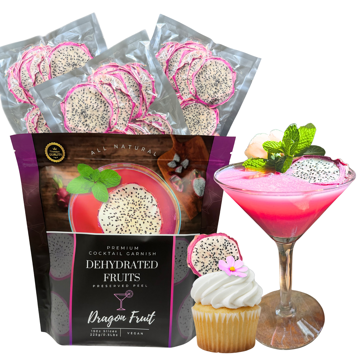 Dehydrated dragon fruit packages with a cocktail and cupcake on a white background for sale From Preserved Peel a Premium Cocktail Garnish Company