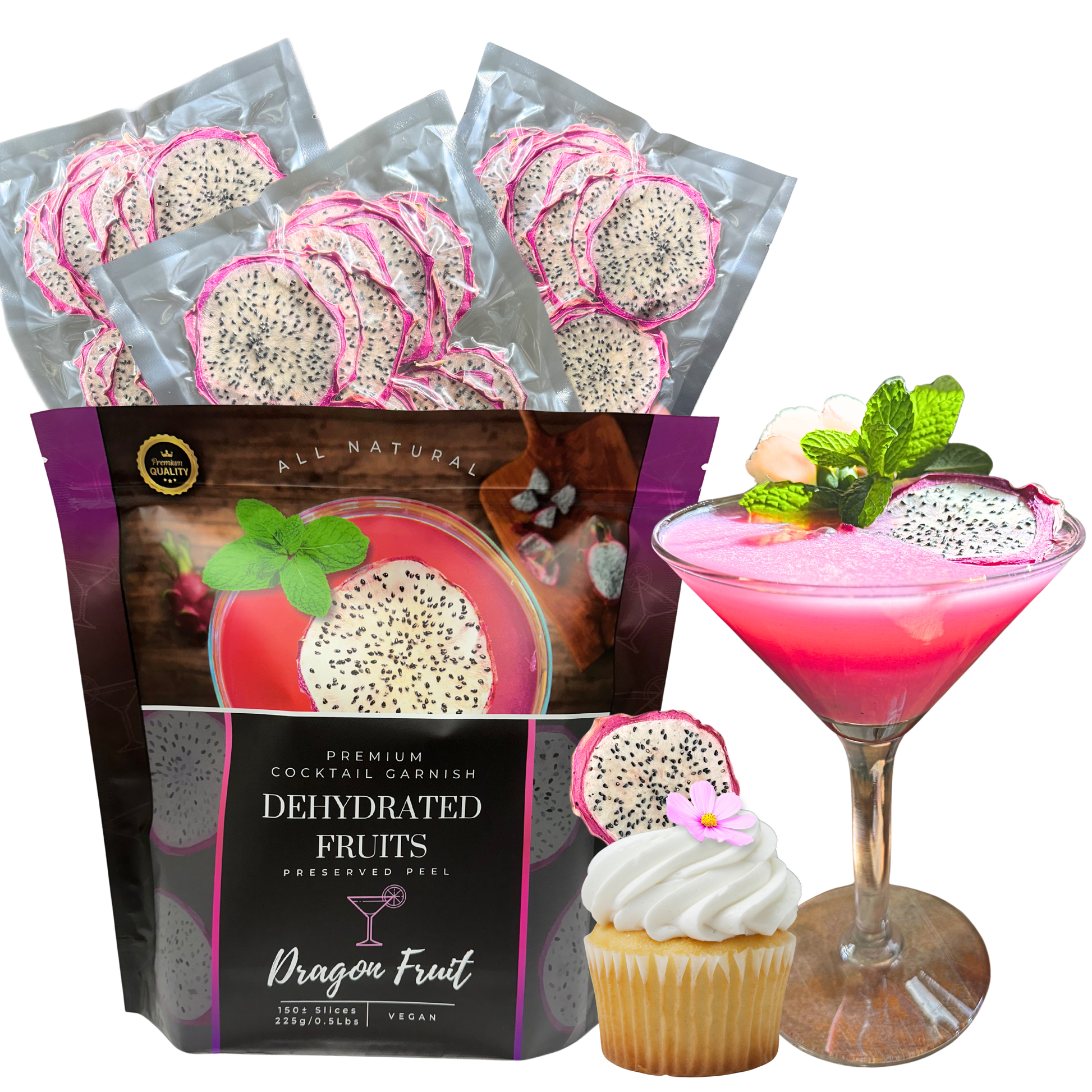Dehydrated dragon fruit packages with a cocktail and cupcake on a white background for sale From Preserved Peel a Premium Cocktail Garnish Company