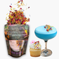Packaged dehydrated flowers, a blue cocktail with floral garnish, a cupcake with flowers, and a colorful flower arrangement for sale by Preserved Peel