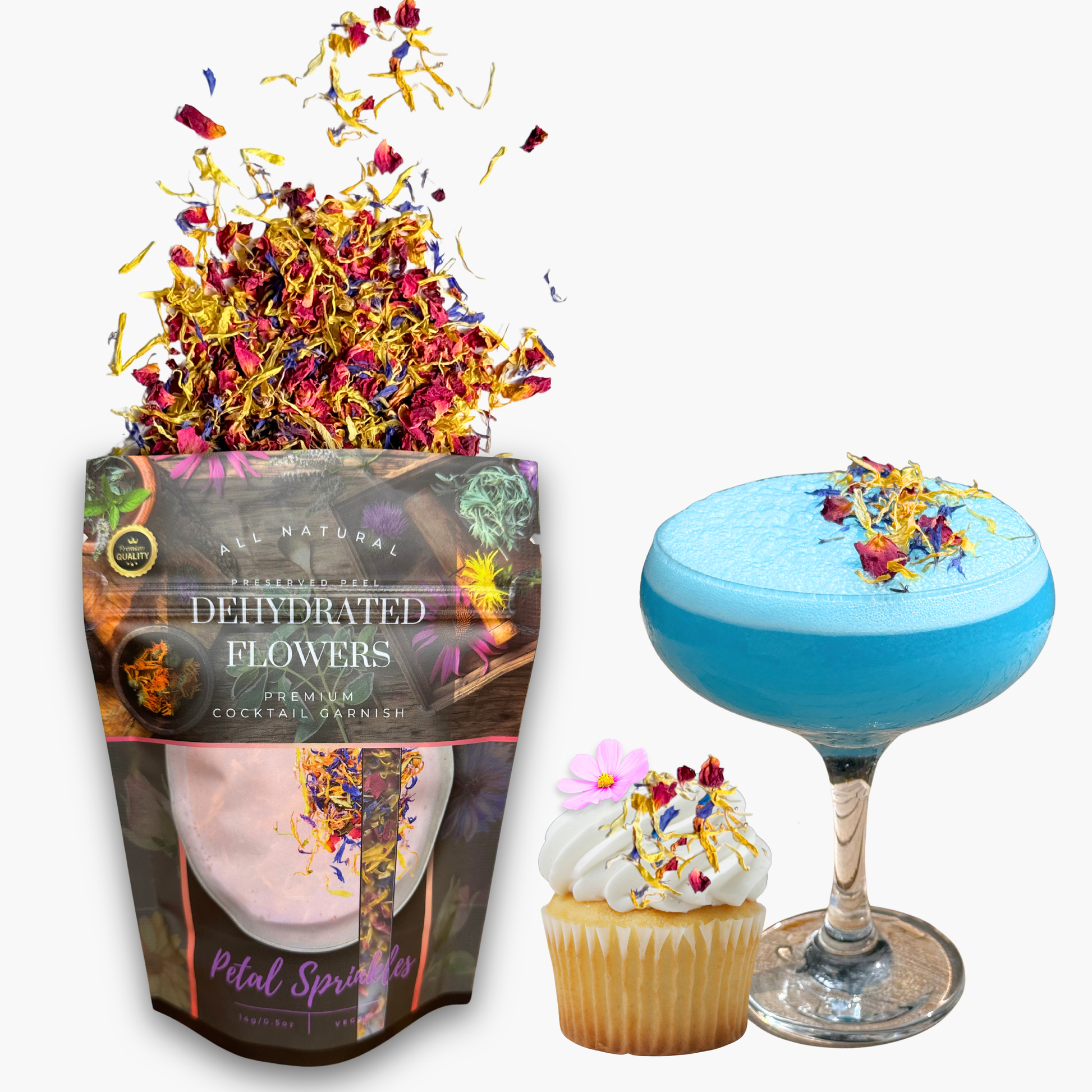 Packaged dehydrated flowers, a blue cocktail with floral garnish, a cupcake with flowers, and a colorful flower arrangement for sale by Preserved Peel
