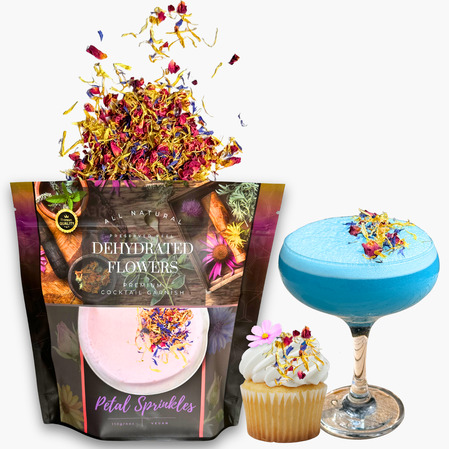 Dried Flower Mix - Petal sprinkles | 150± creations | BULK SIZE | EDIBLE PETALS for Cocktail Garnish, Cake Decor & Biodegradable Wedding Confetti.