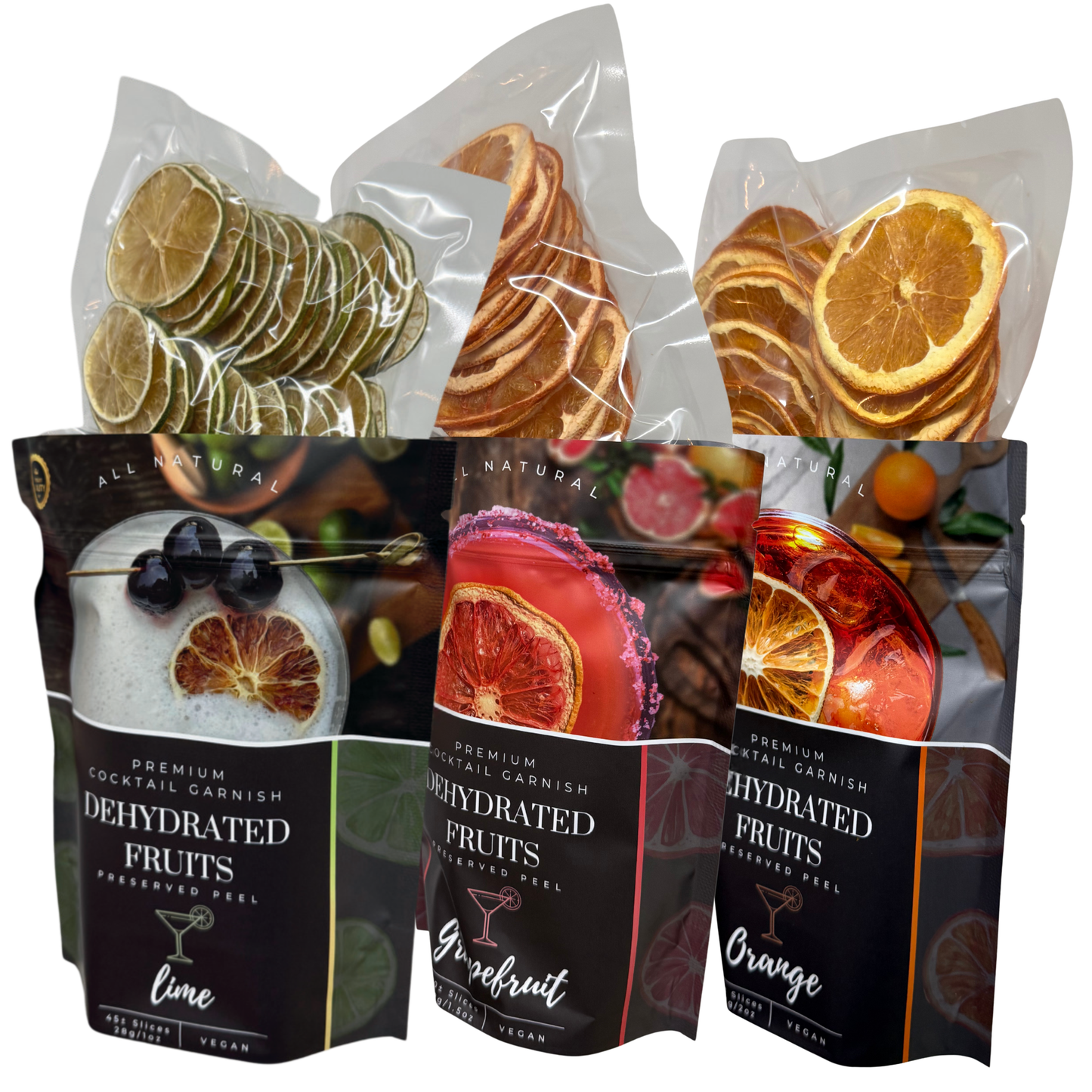 Dried fruit Cocktail garnish, dried lime slices, dehydrated grapefruit wheels, dried orange slices PRESERVED PEEL