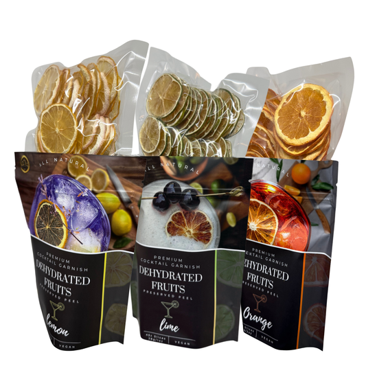 Dried fruit Cocktail garnish, dried lime slices, dehydrated lemon wheels, dried orange slices PRESERVED PEEL