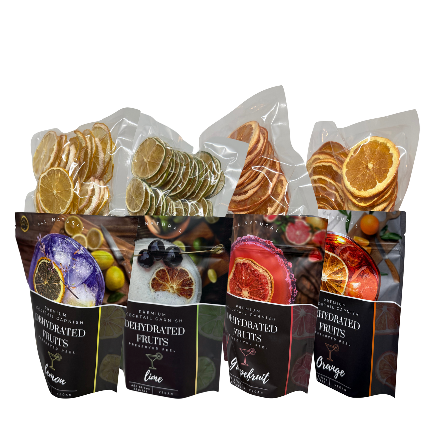 Dried fruit Cocktail garnish, dried lime slices, dehydrated grapefruit wheels, dried Lemon slices, dried orange slices PRESERVED PEEL