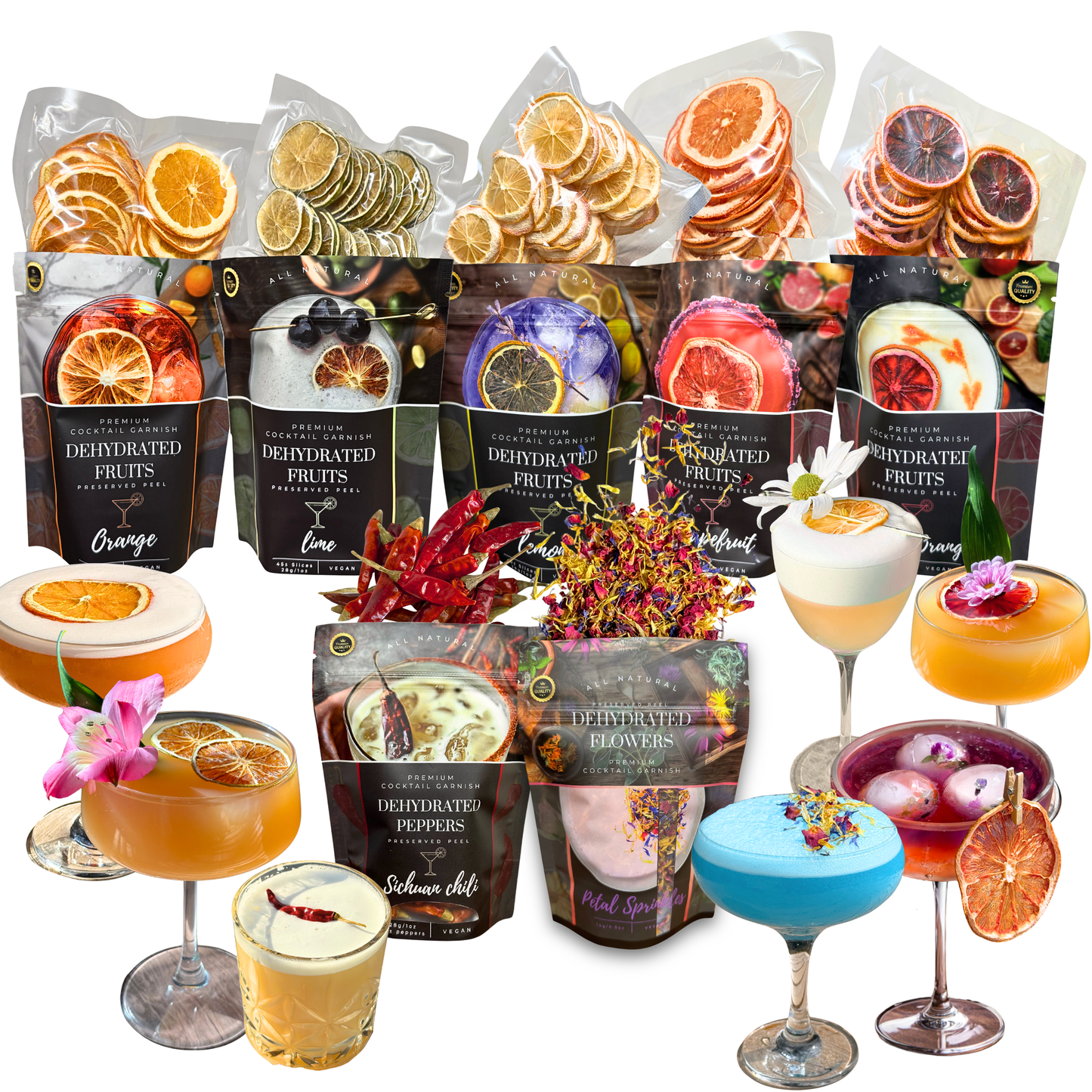 Full Collection ⎮Cocktail Garnish⎮ LIME - LEMON - ORANGE - GRAPEFRUIT - BLOOD-ORANGE - FLOWER MIX - PEPPERS