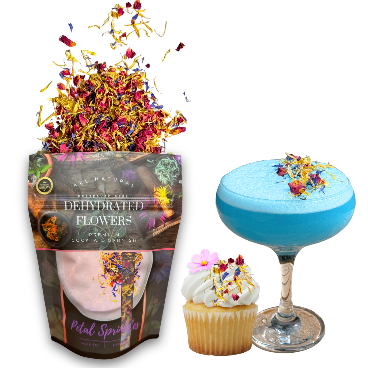 Dried Flower Mix - Petal sprinkles | 30± Servings | Pink- Yellow - Blue EDIBLE PETALS for Cocktail Garnishes, Cake Decor & Biodegradable Wedding Confetti. 0.5oz
