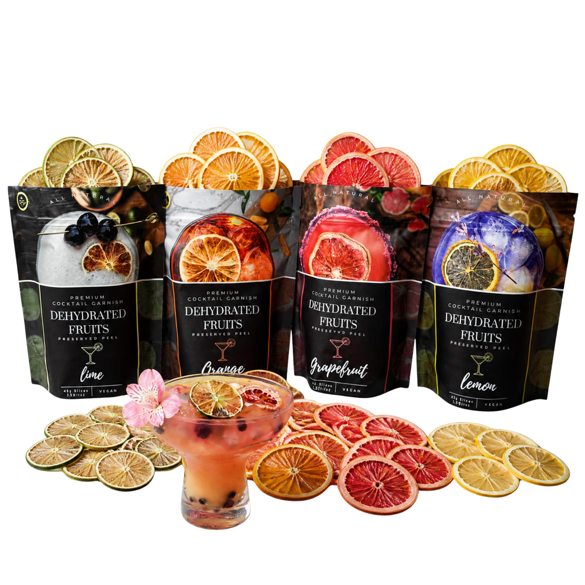 4 PACK Dried Citrus Pack ⎮150 Slices⎮ Preserved Peel Dried Citrus ⎮ Dried Fruit Garnish LIME - LEMON - GRAPEFRUIT - ORANGE