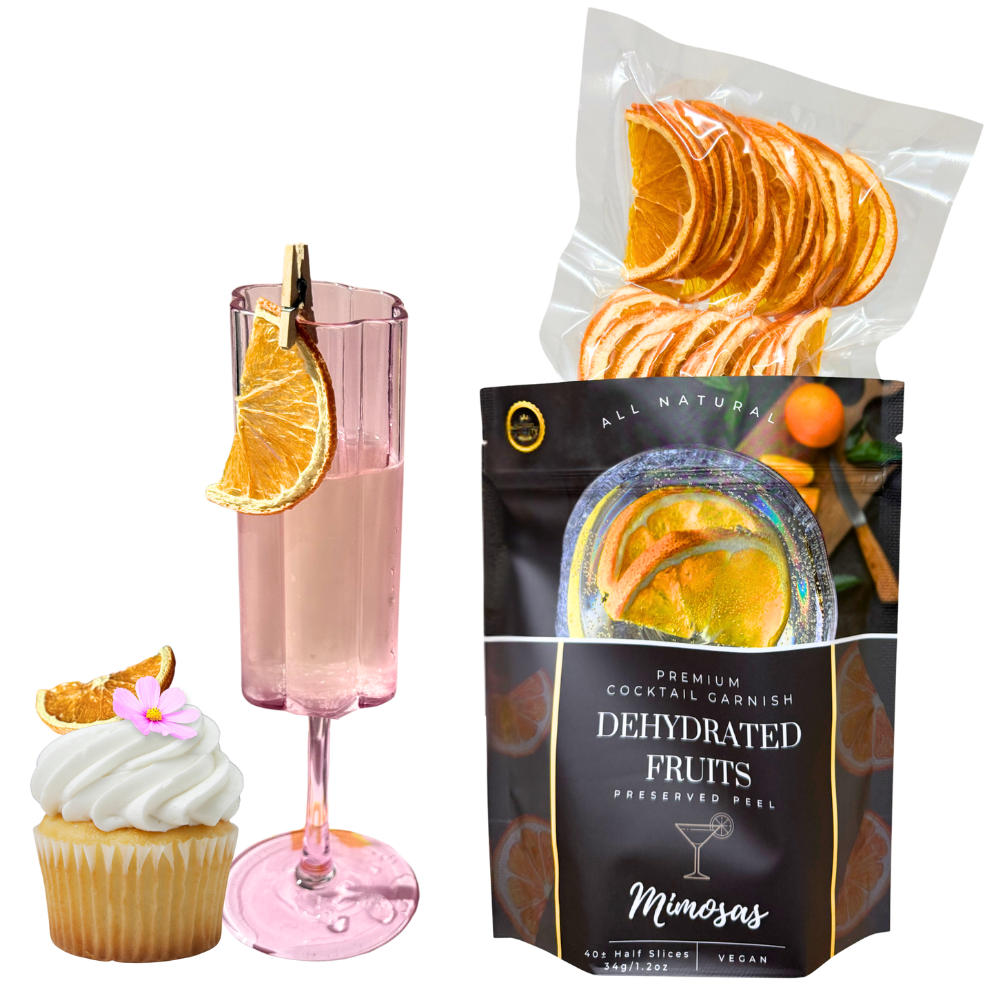 Dried Half Orange Slices | 40± Slices | MIMOSA | Preserved Peel Premium DRIED FRUITS for Luxury Cocktail Garnishes for Bars and Home Hosts.
