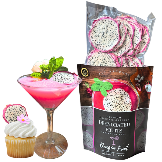 Dehydrated dragon fruit packaging with a cocktail, cupcake, and dragon fruit slices.