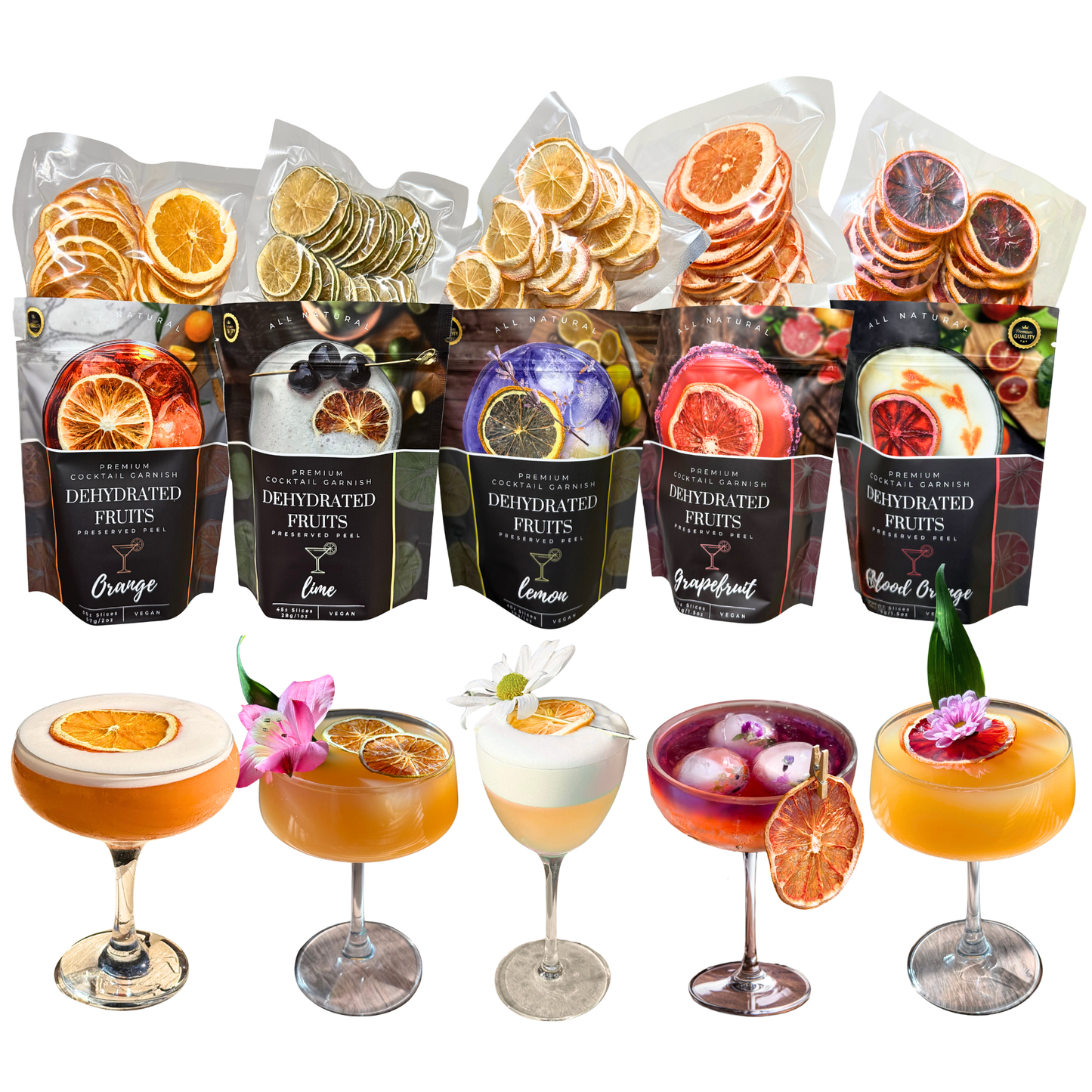 Dried Citrus Collection - SAVE 18%⎮ 5 PACK Dehydrated Garnish⎮ LIME - LEMON - ORANGE - GRAPEFRUIT -BLOOD-ORANGE⎮ PREMIUM COCKTAIL GARNISHES