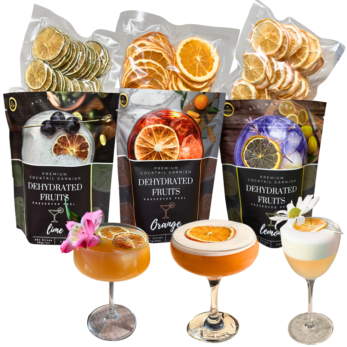Dried Citrus Slices ⎮ Preserved Peel Citrus Collection⎮ SAVE 10% with our 3 PACK Dehydrated Fruit Garnish LIME - LEMON - ORANGE Cocktail Garnish Set.