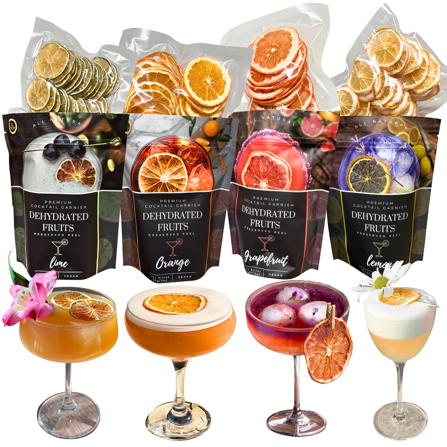 Dehydrated fruits in packaging for sale by Preserved Peel. Dried fruit as cocktail garnishes on a white background.