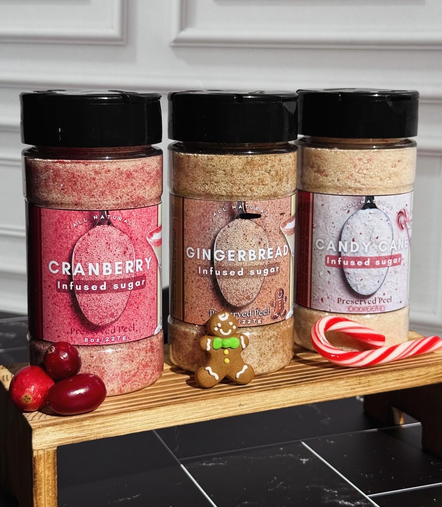 15% OFF Holiday Infused Sugar Trio – Cranberry, Gingerbread & Candy Cane