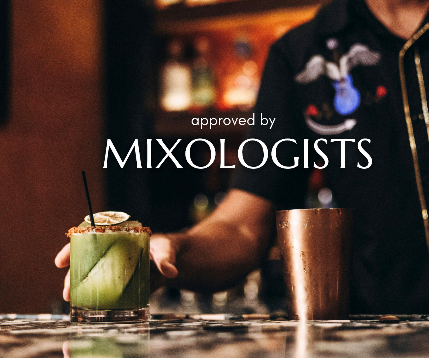 Bartender with a cocktail and text 'approved by mixologists' in a bar setting
